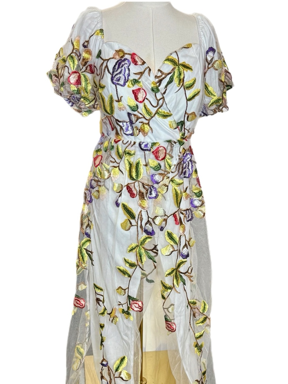 NWT Couture Lee Ivory Floral Embroidered On or Off Shoulder Short Sleeve Maxi 12 - Picture 5 of 13